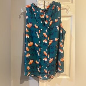 41 Hawthorn Breyson Pleat Detail Split Neck Teal and Orange Floral Blouse